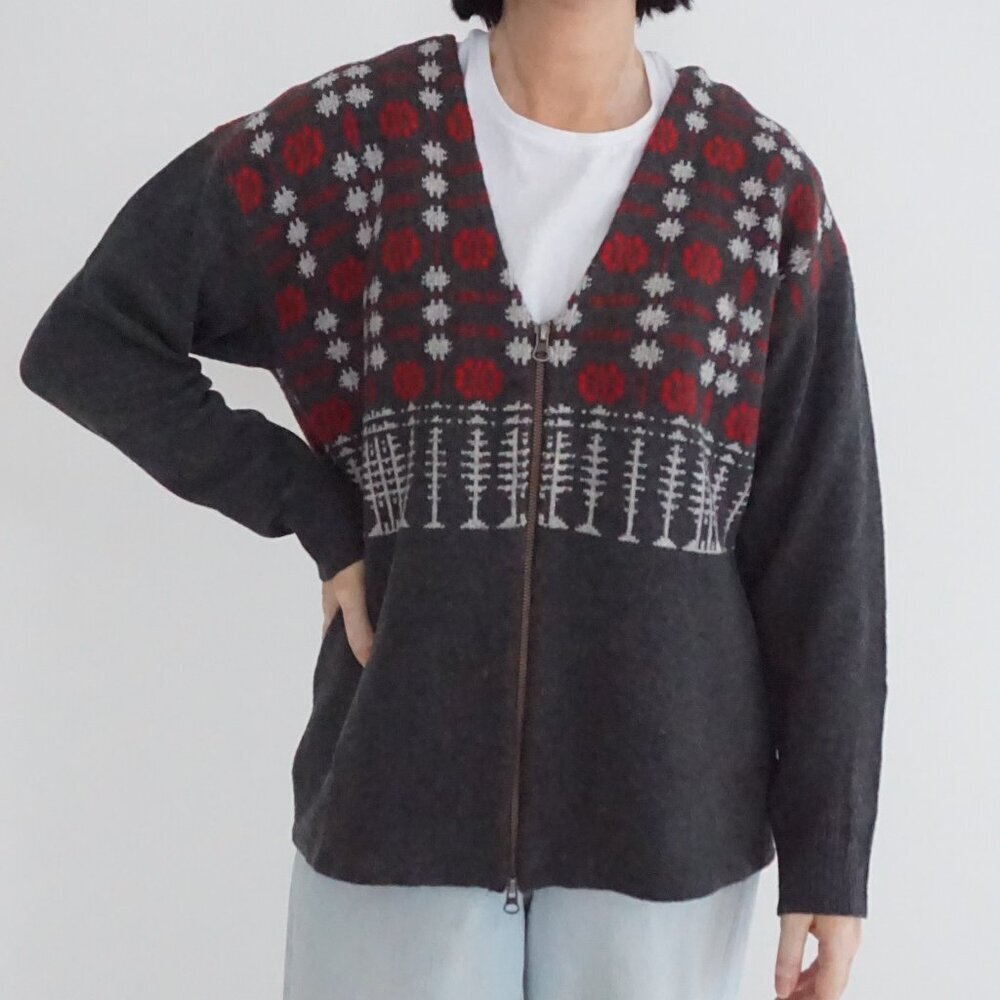 Vintage Woolrich Gray Red Nordic Snowflake Full Zip Wool Knit Cardigan L